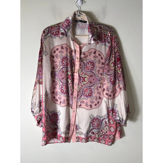 Zara Pink Paisley Long Sleeve Button Up Flowy Shirt Sz L
