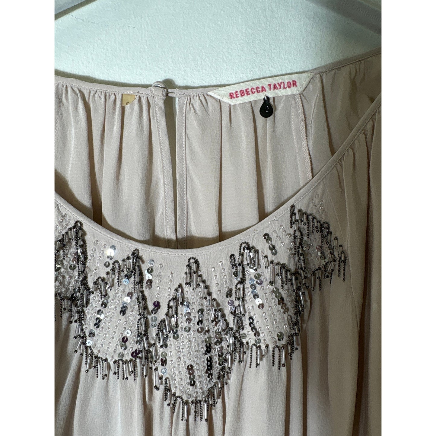 Rebecca Taylor Pinkish Tan Long Sleeve Beaded Silk Shirt Sz 2