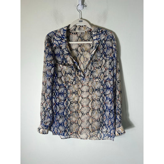 Lavendar Brown Blue Sheer Snakeskin Print Long Sleeve Shirt Sz XS