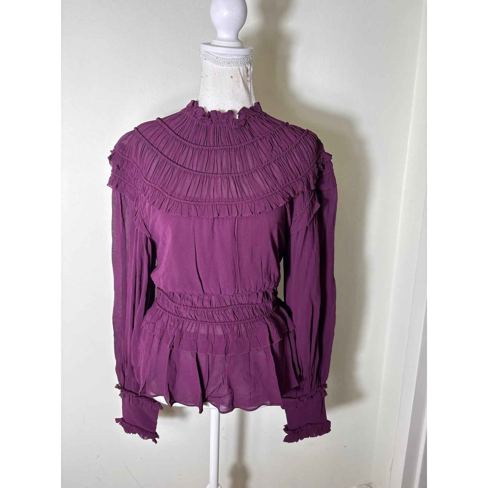 NWT Farm Rio Eggplant Purple Long Sleeve Ruffled Top Sz S