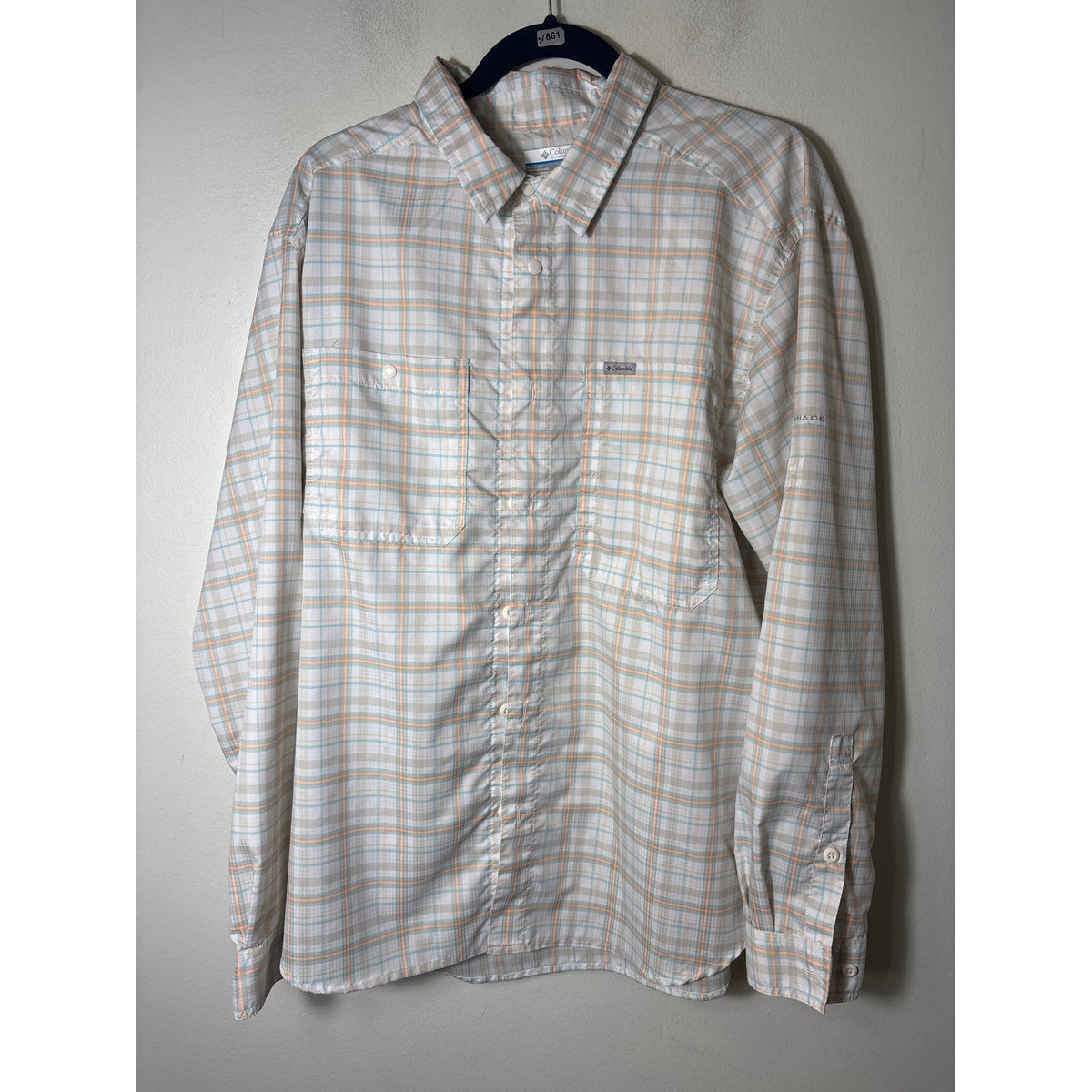 Mens Columbia Orange and Teal Plaid SPF Long Sleeve Shirt Sz L