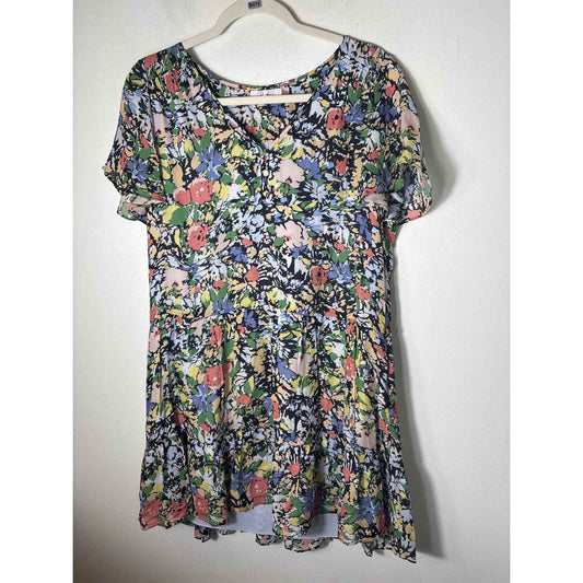 Parker Black and Pink and Green Floral Flutter Sleeve Mini Dress Sz S