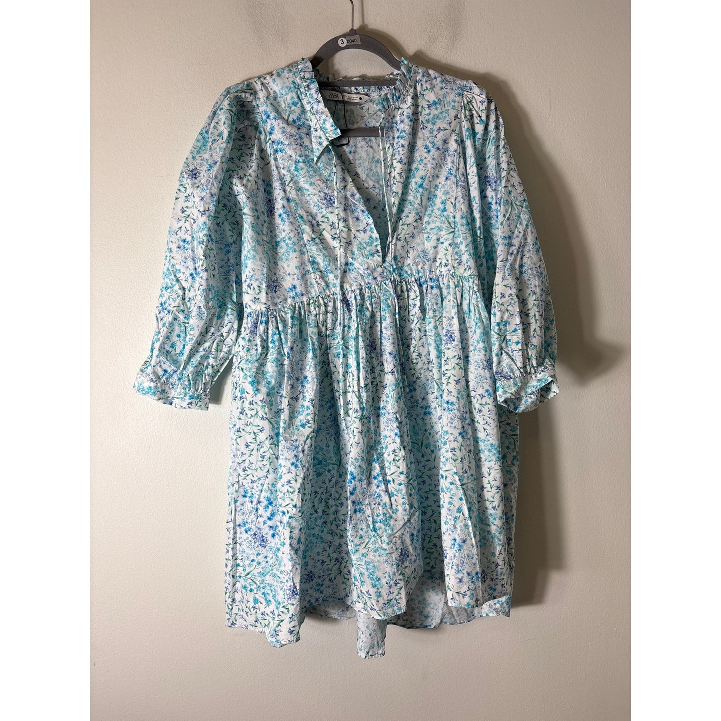 Zara Blue Green Floral 3/4 Sleeve Cotton Mini Dress Sz L
