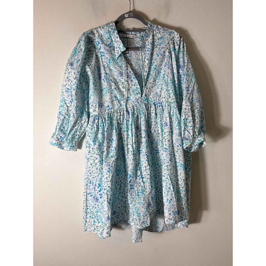 Zara Blue Green Floral 3/4 Sleeve Cotton Mini Dress Sz L