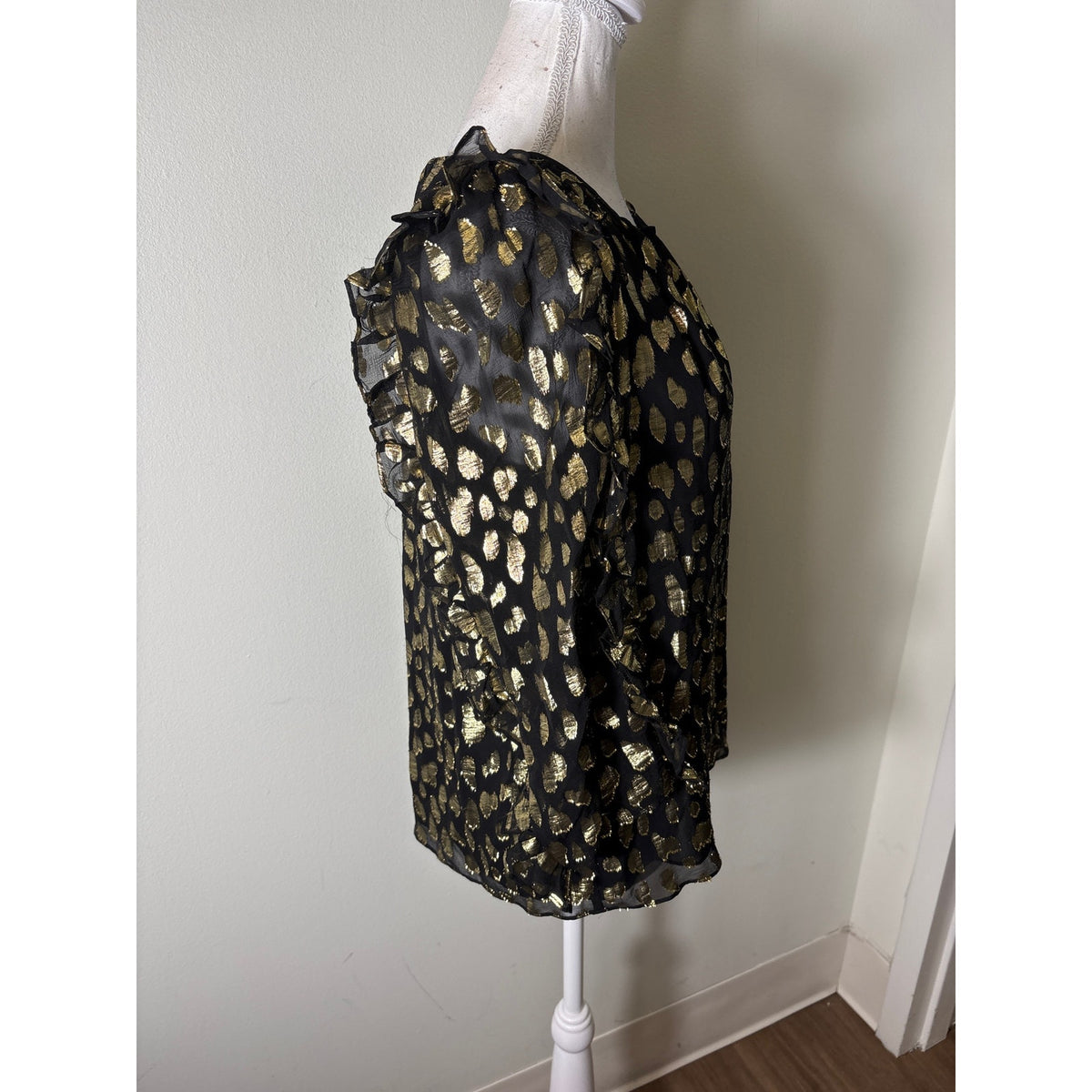 Rebecca Taylor Black and Gold 3/4 Sleeve Semi Sheer Blouse Sz 4