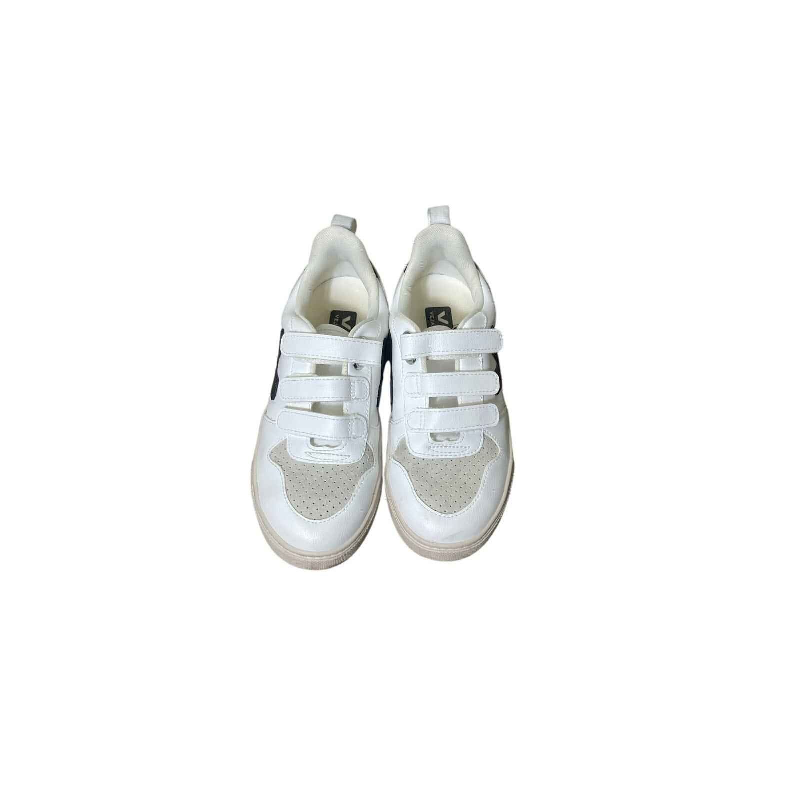 Kids Veja White Triple Velcro W Black Heel Sz 3
