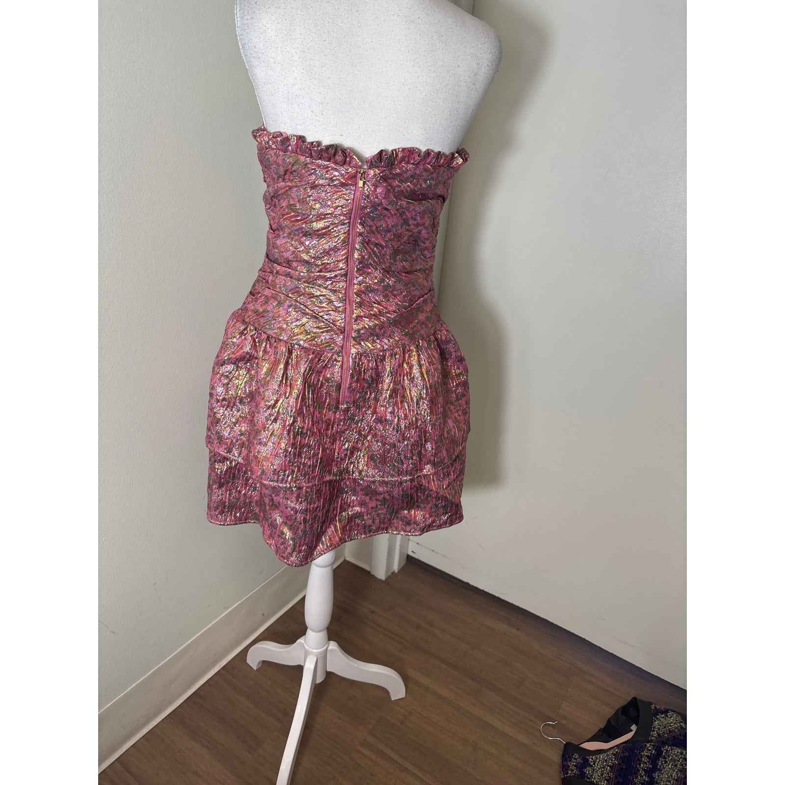 NWT Love Shack Fancy Pink Shimmer Strapless Mini Dress Sz 8