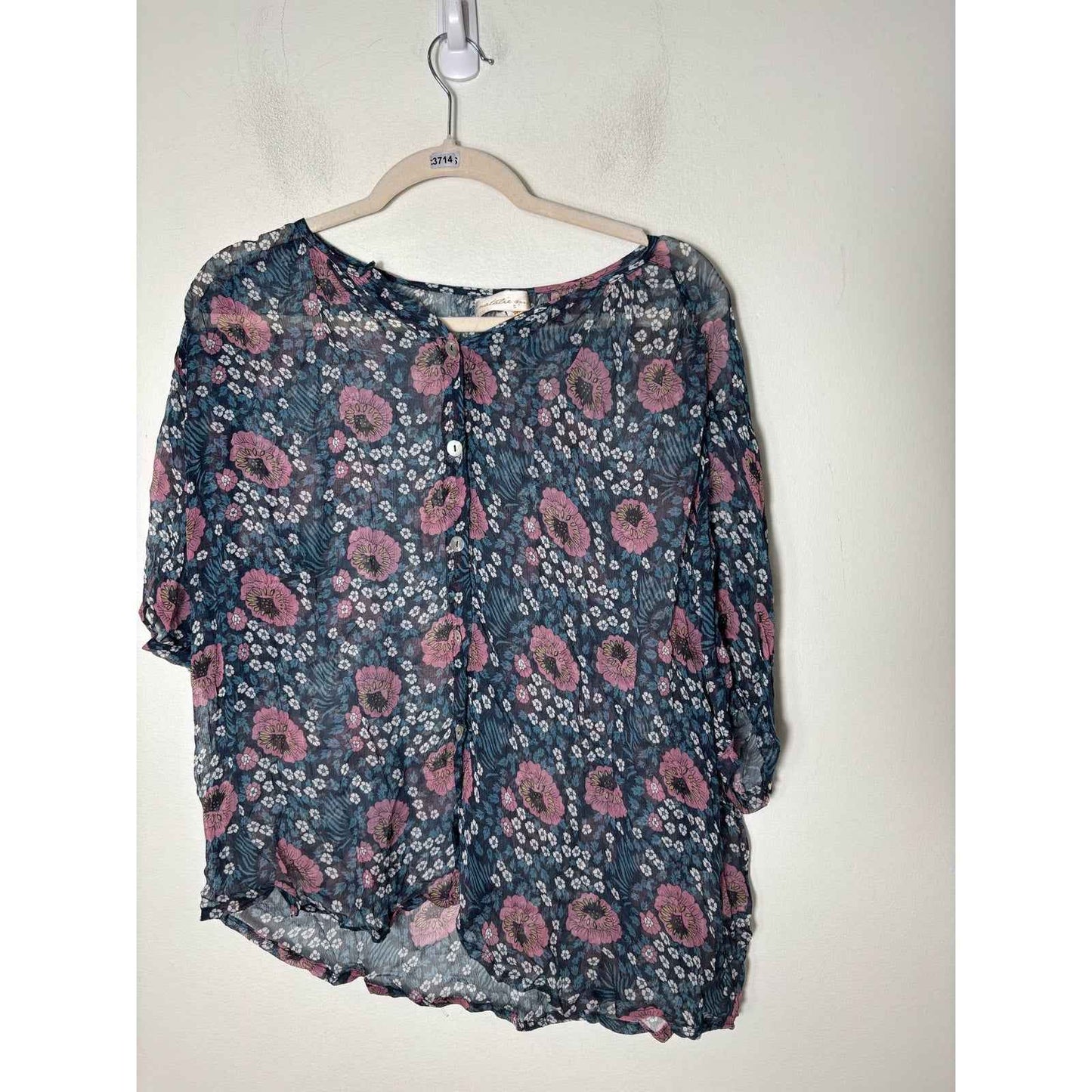 Natalie Martin Chiffon Blue Floral Sheer Top Sz s