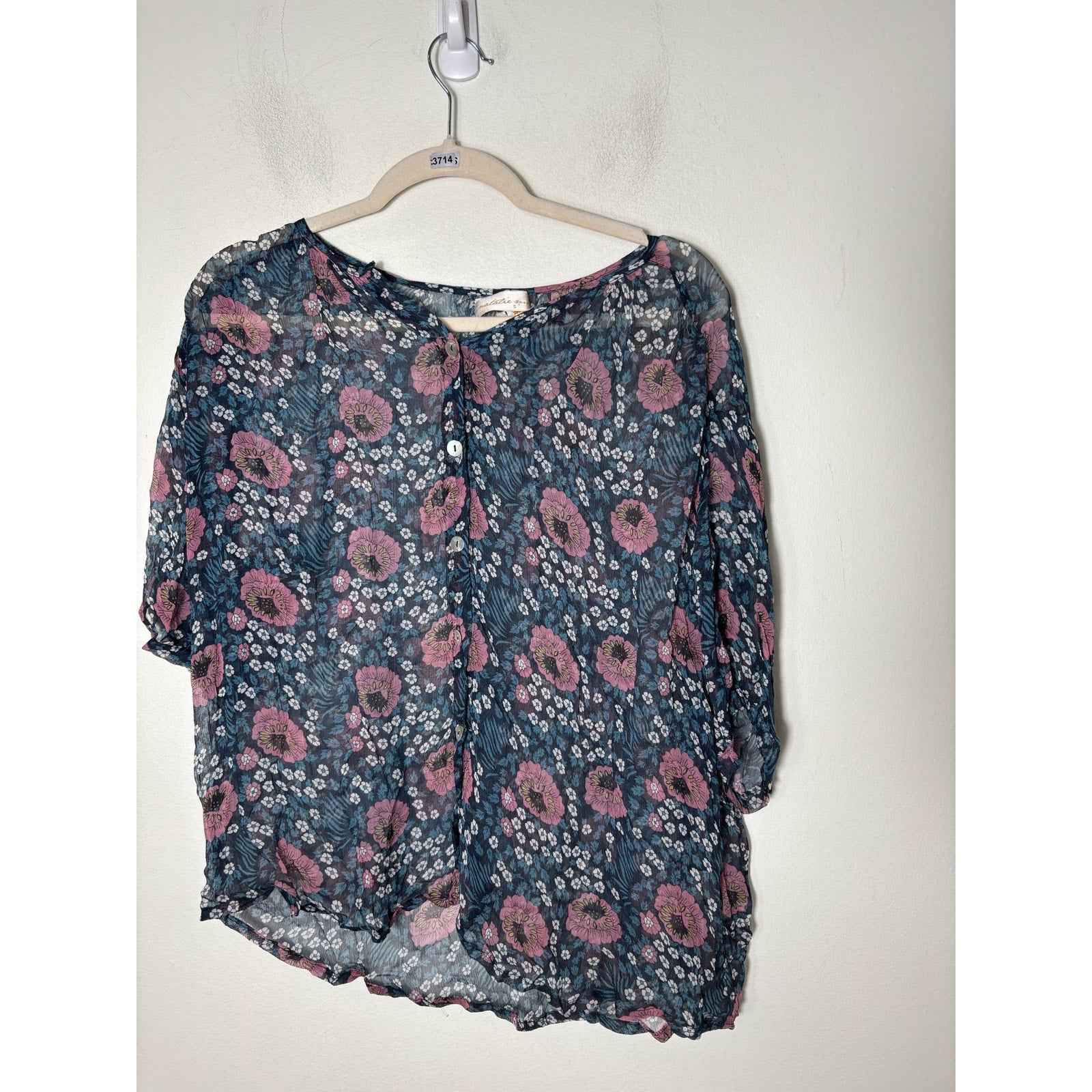 Natalie Martin Chiffon Blue Floral Sheer Top Sz s