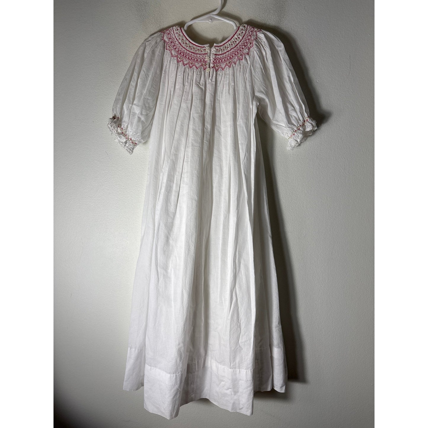 Girls Vintage Jess Cole White Puff Sleeve Smocked Pink Flowers Dress Sz 6x