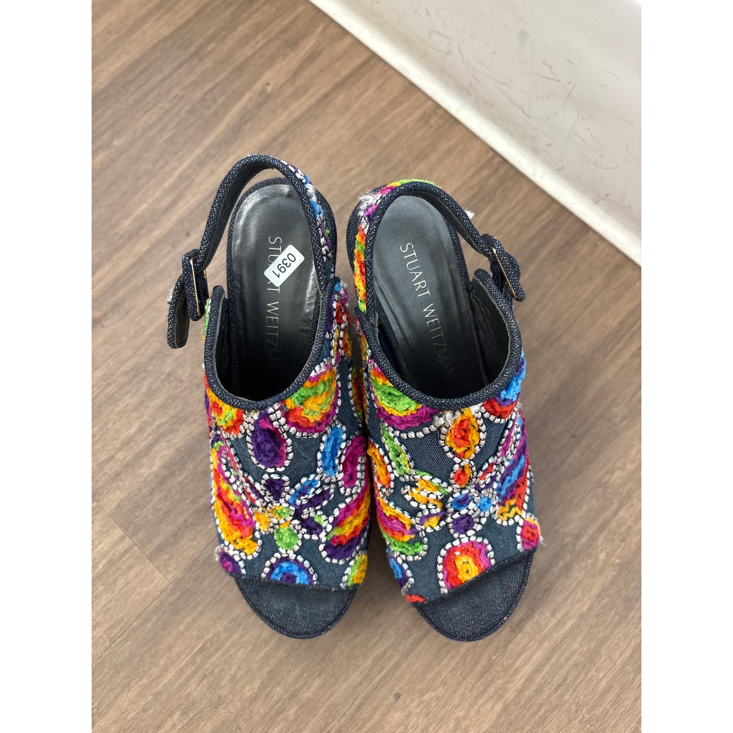 Stuart Weitzman Navy Embroidered Denim Platform Wedge Sz 6