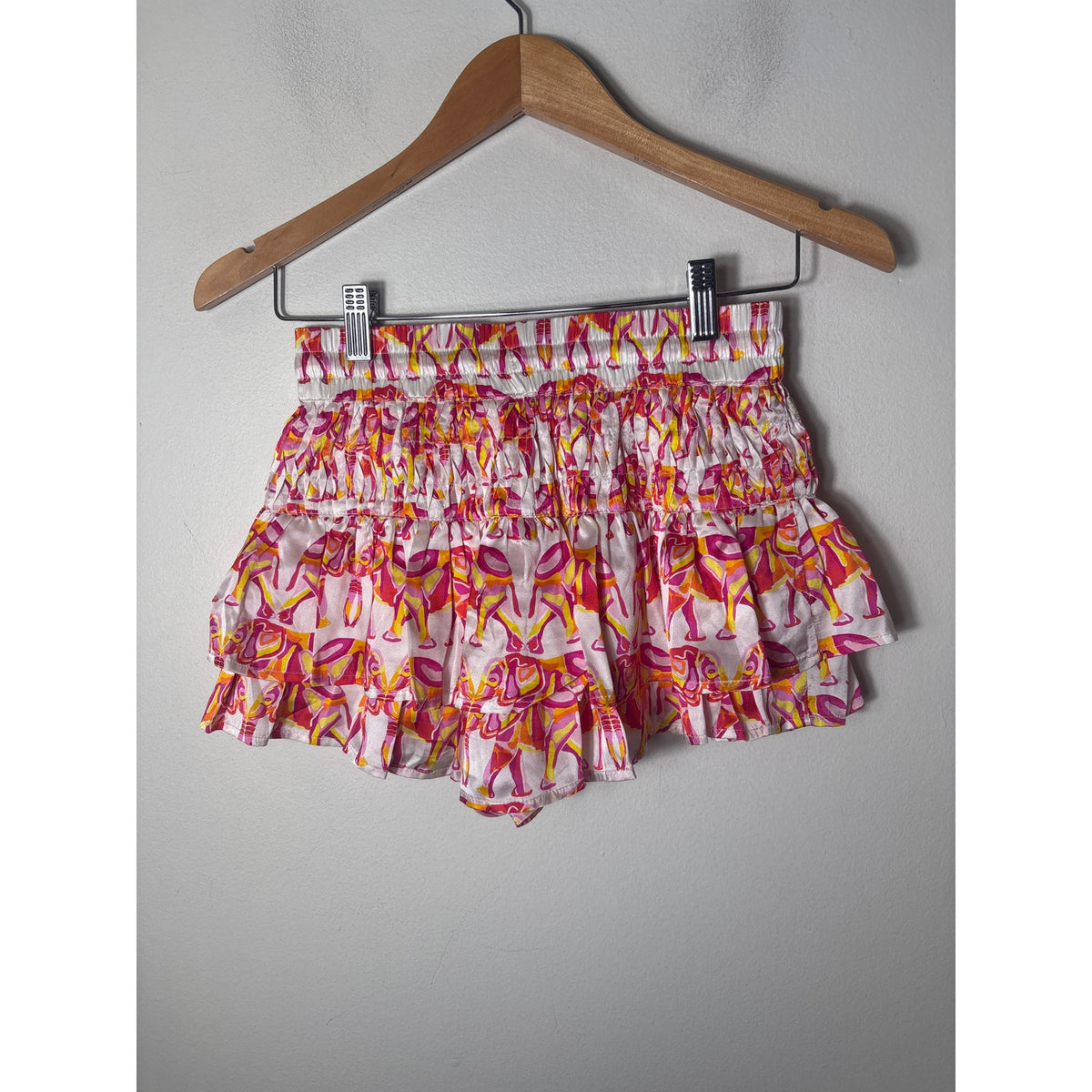 Shug! Pink White Elephant Print Silk Skirt/Top Set Sz XS (Junior Size)