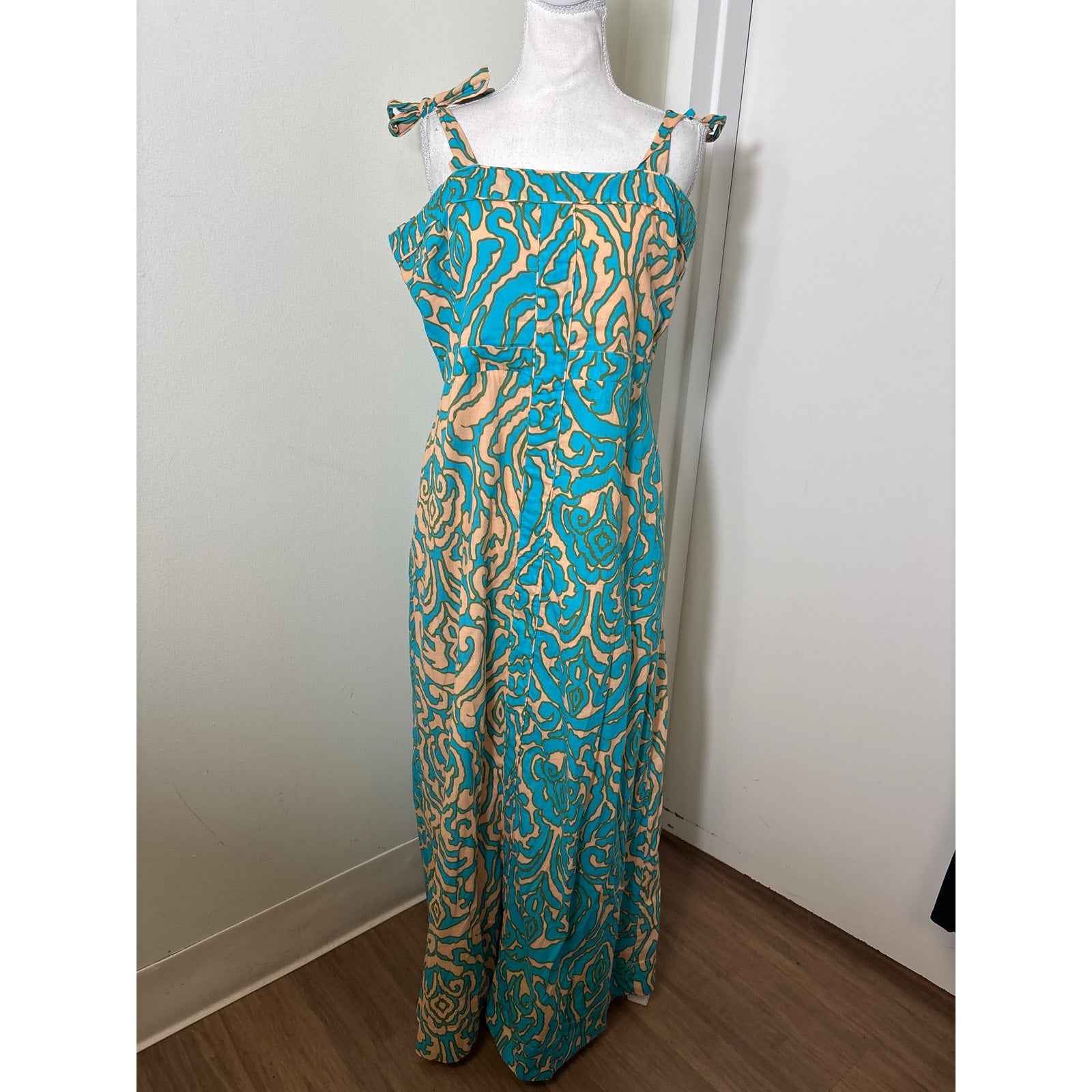 Anna Cate Peach adn Turqoise Tie Shoulder Maxi Dress Sz L