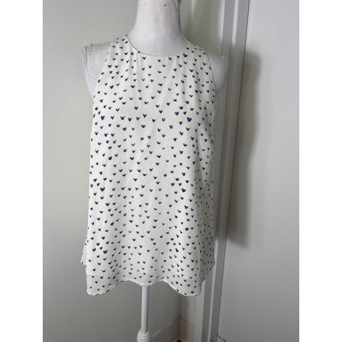 Joie Off White Blue Water Color Hearts SLeeveless Racerback Top Sz S