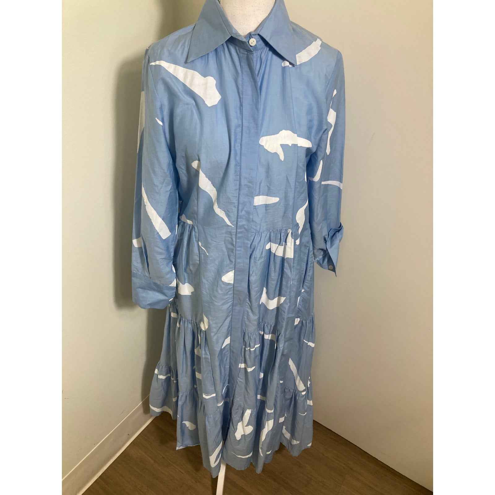 Lovebirds Blue with White Brush Strokes Maxi Dress Sz S