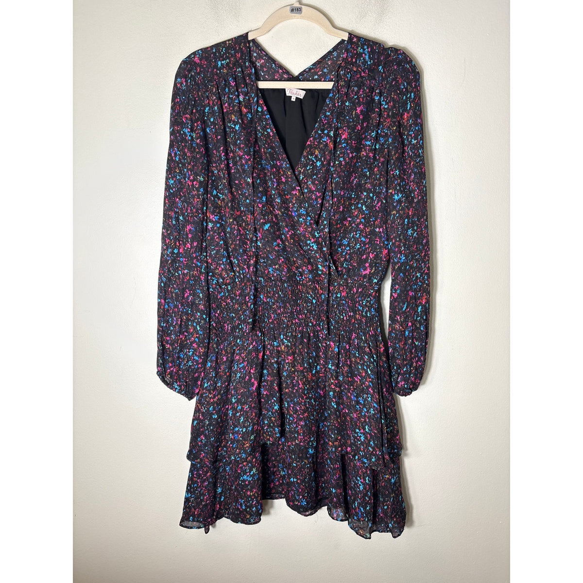 Parker Dark Mulitcolor Floral Long Sleeve Smocked Waist Dress Sz M