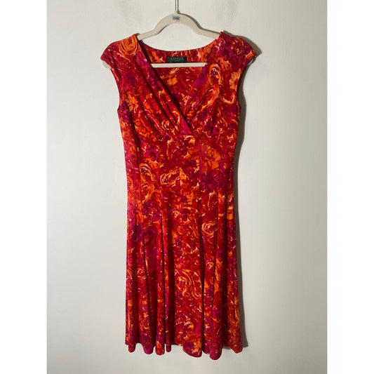 Lauren Ralph Lauren Dress Orange Pink V-Neck A-Line Midi Dress Sz 4