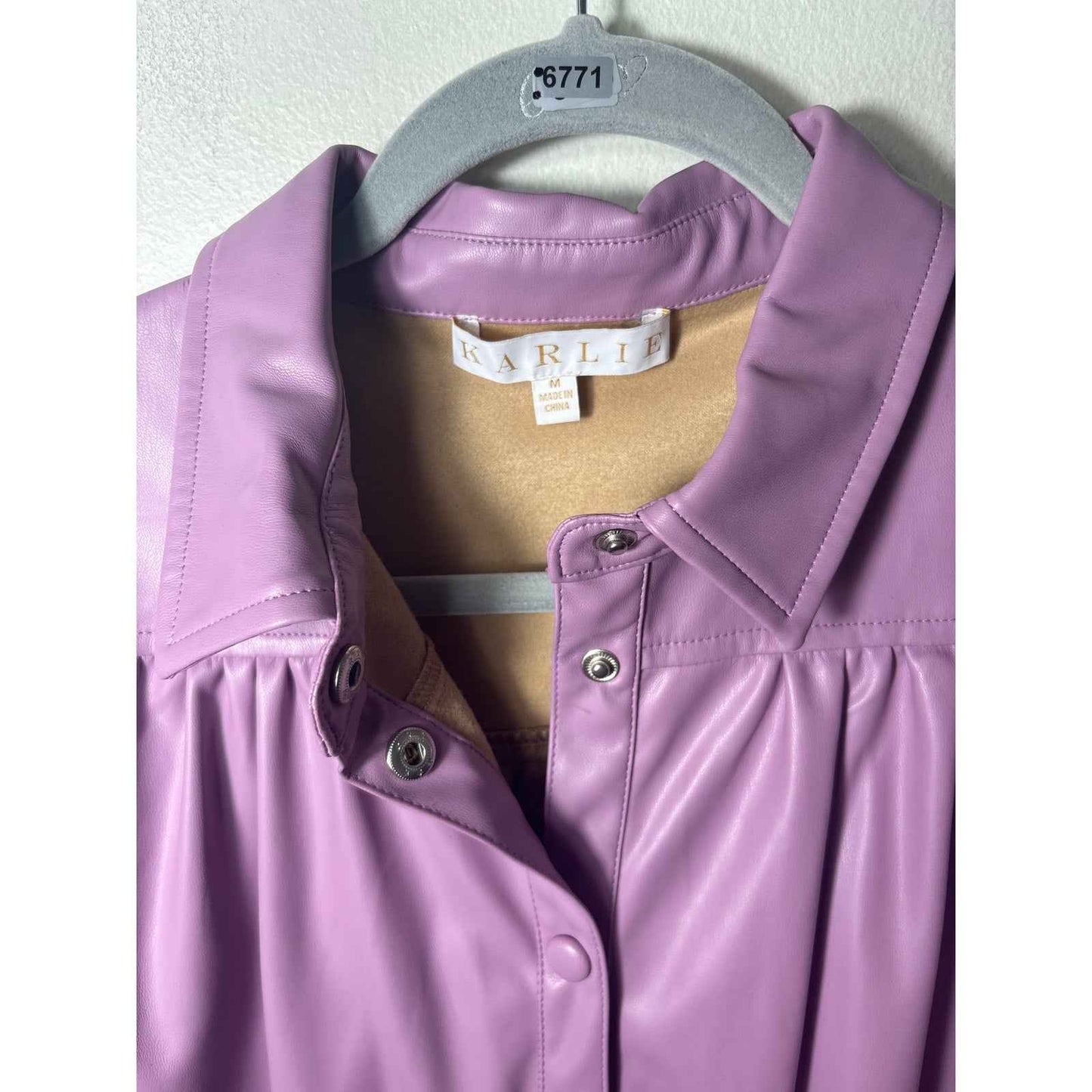 Karlie Lavender Short Puff Sleeve Pleather Snap Up Mini Dress Sz M
