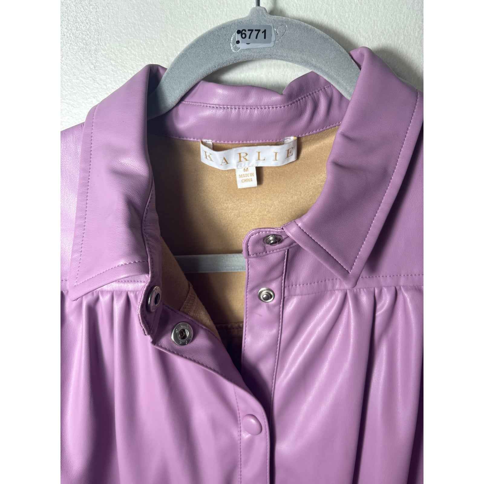 Karlie Lavender Short Puff Sleeve Pleather Snap Up Mini Dress Sz M