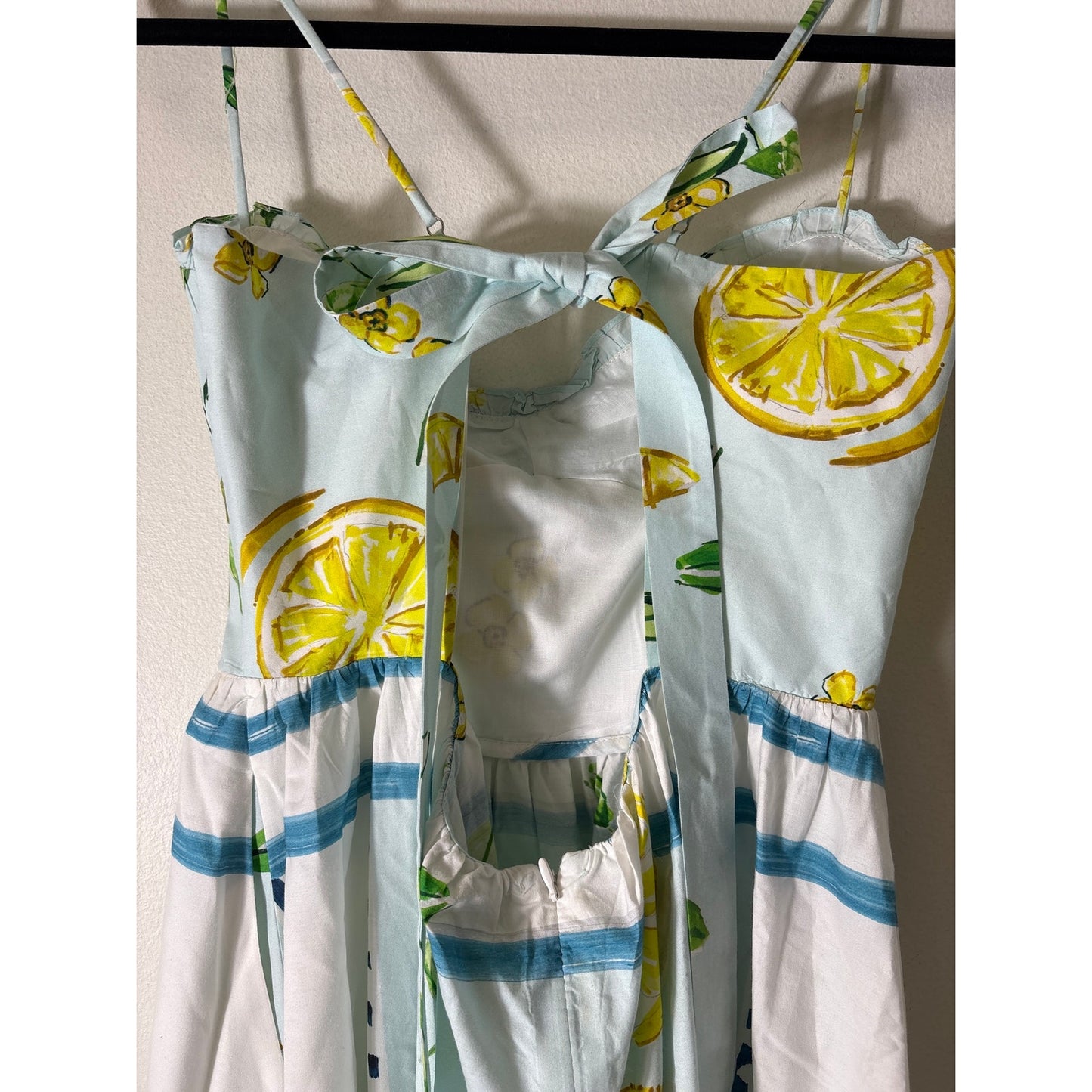 Zara Light Blue Lemons Backless Cotton Maxi Dress Sz L