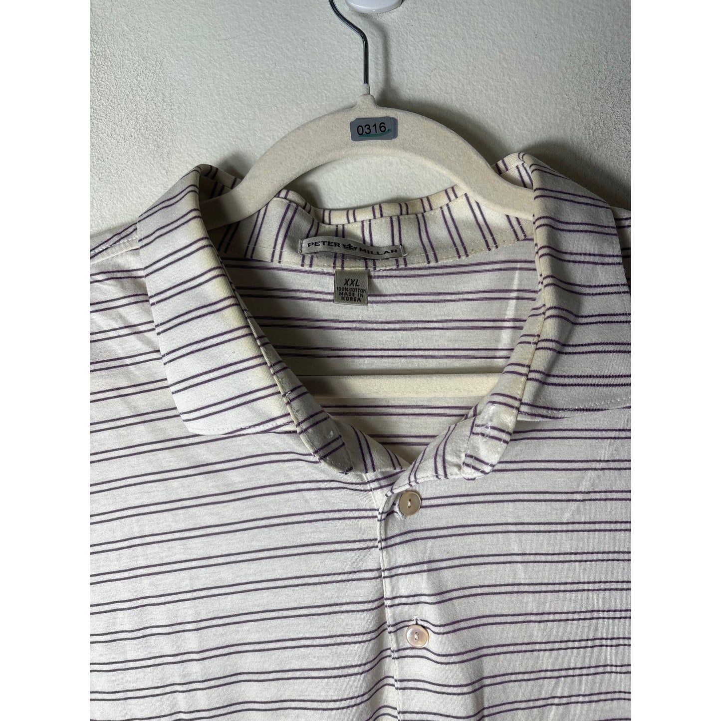 Mens Peter Millar White Purple Stripe Short Sleeve Polo Style Shirt Sz XXL