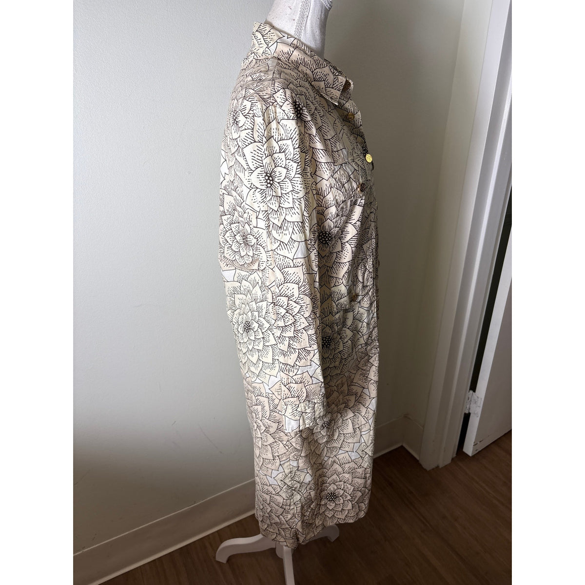 Tory Burch Off White Lotus Long Sleeve Snap Up Midi Dress Sz 12