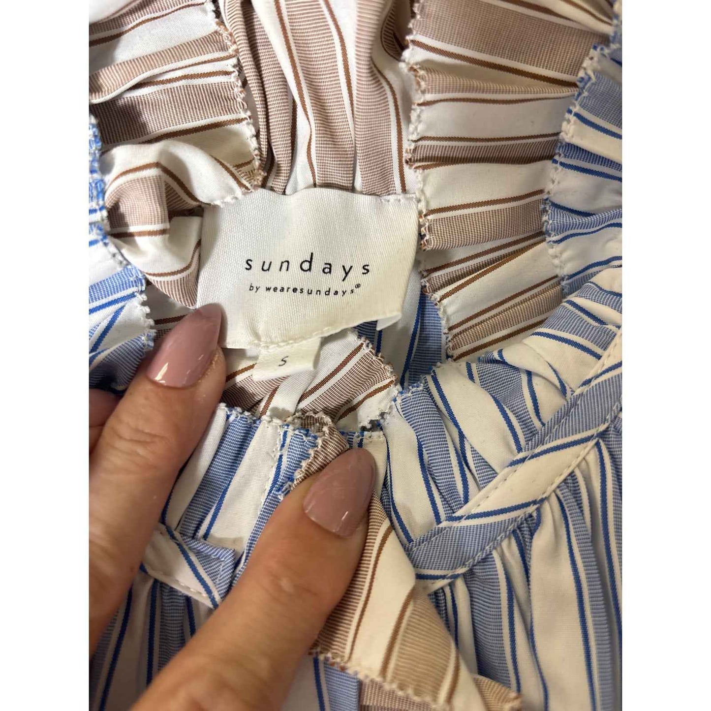 Sundays Blue Tan Stripe Cap Sleeve Button Up Ruffled High Collar Sz S