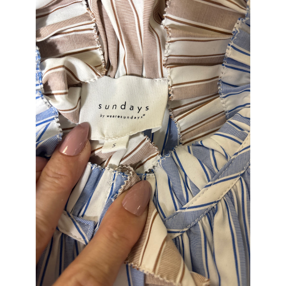 Sundays Blue Tan Stripe Cap Sleeve Button Up Ruffled High Collar Sz S