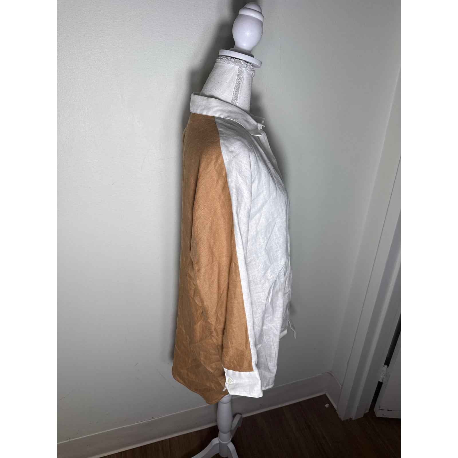 Vilagallo Off White Brown Long Sleeve Linen Button Up Long Sleeve Shirt Sz 44