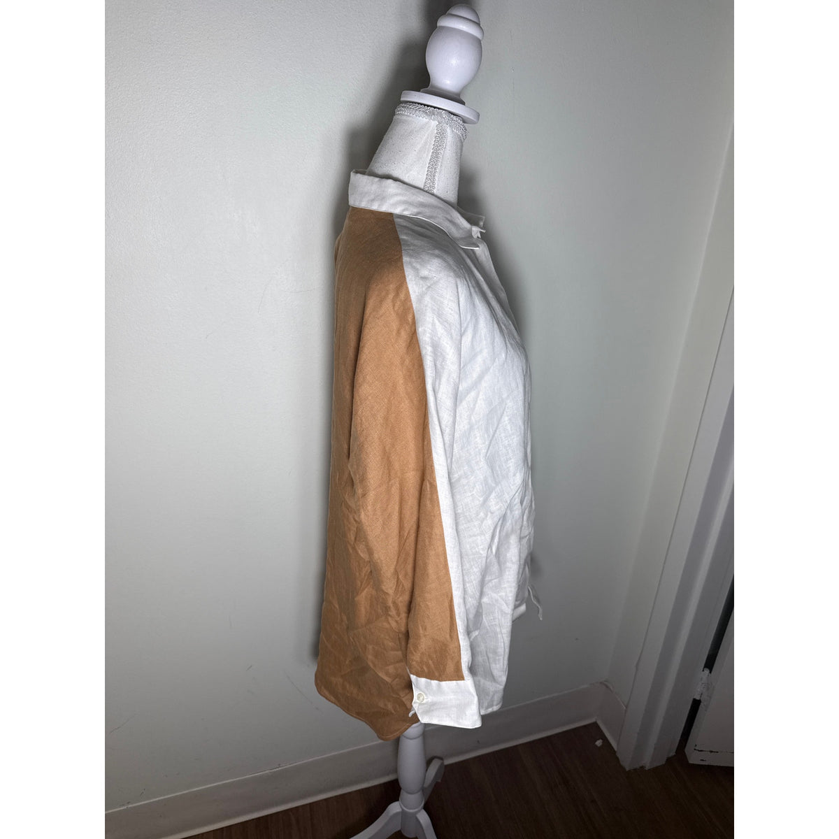 Vilagallo Off White Brown Long Sleeve Linen Button Up Long Sleeve Shirt Sz 44