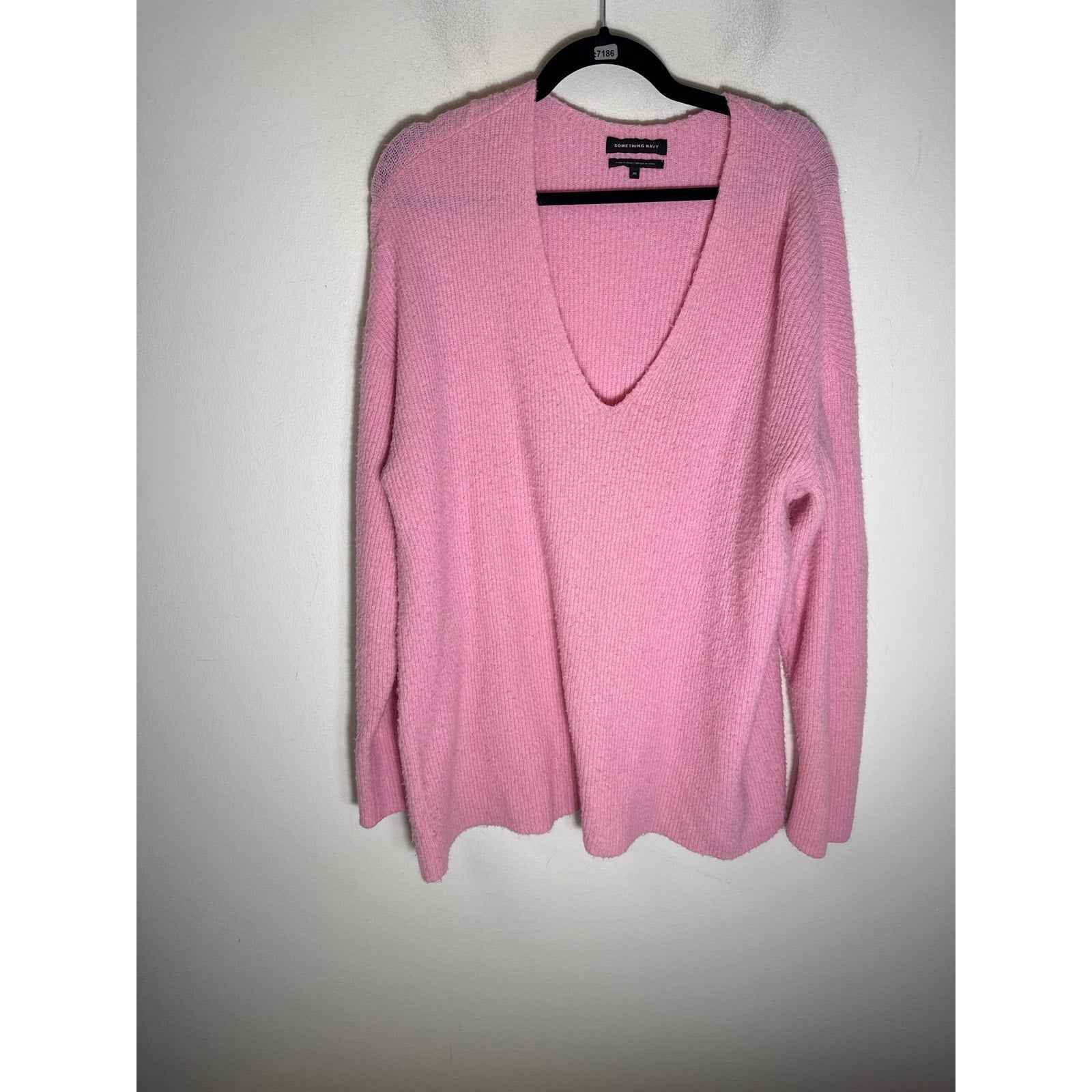 Something Navy Pink Ribbed V Neck Sweater Sz M
