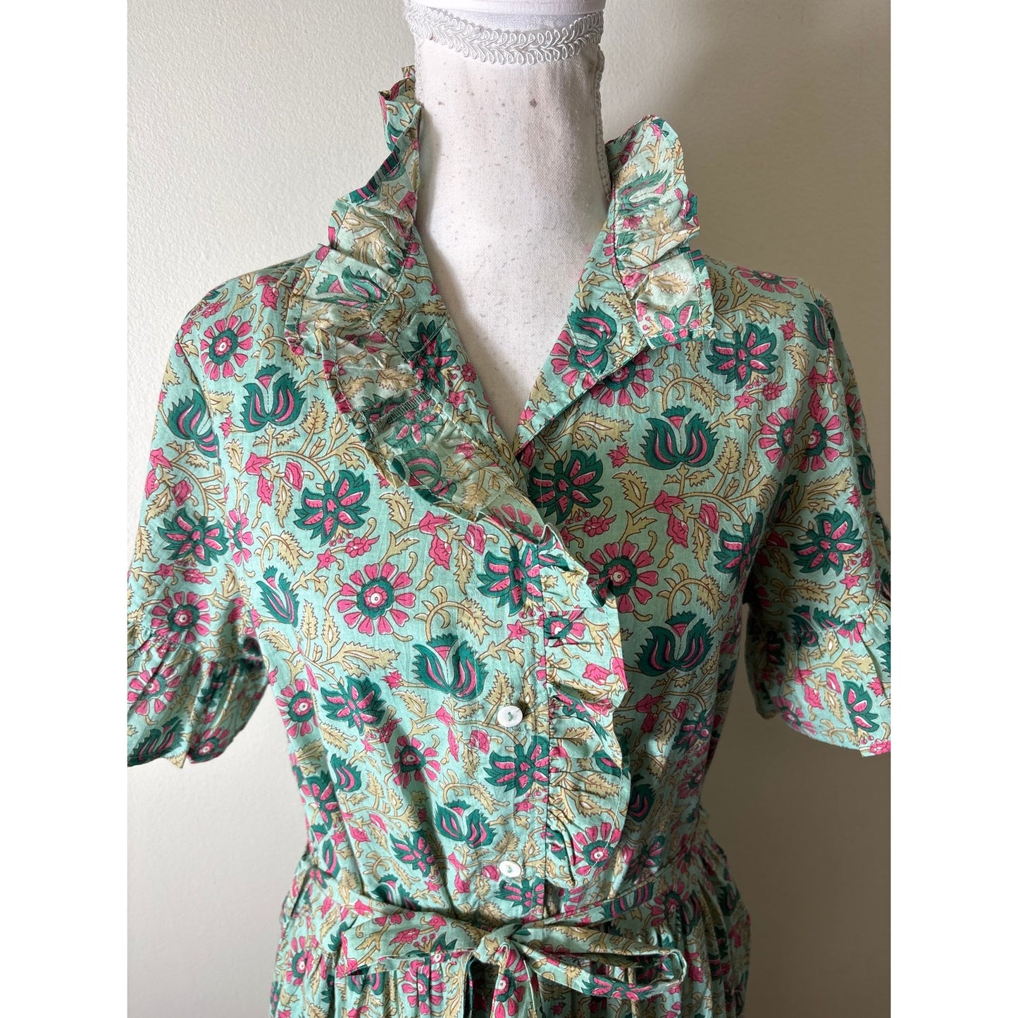 Millie Pink and Green Block Print Ruffled Maxi Dress Sz S