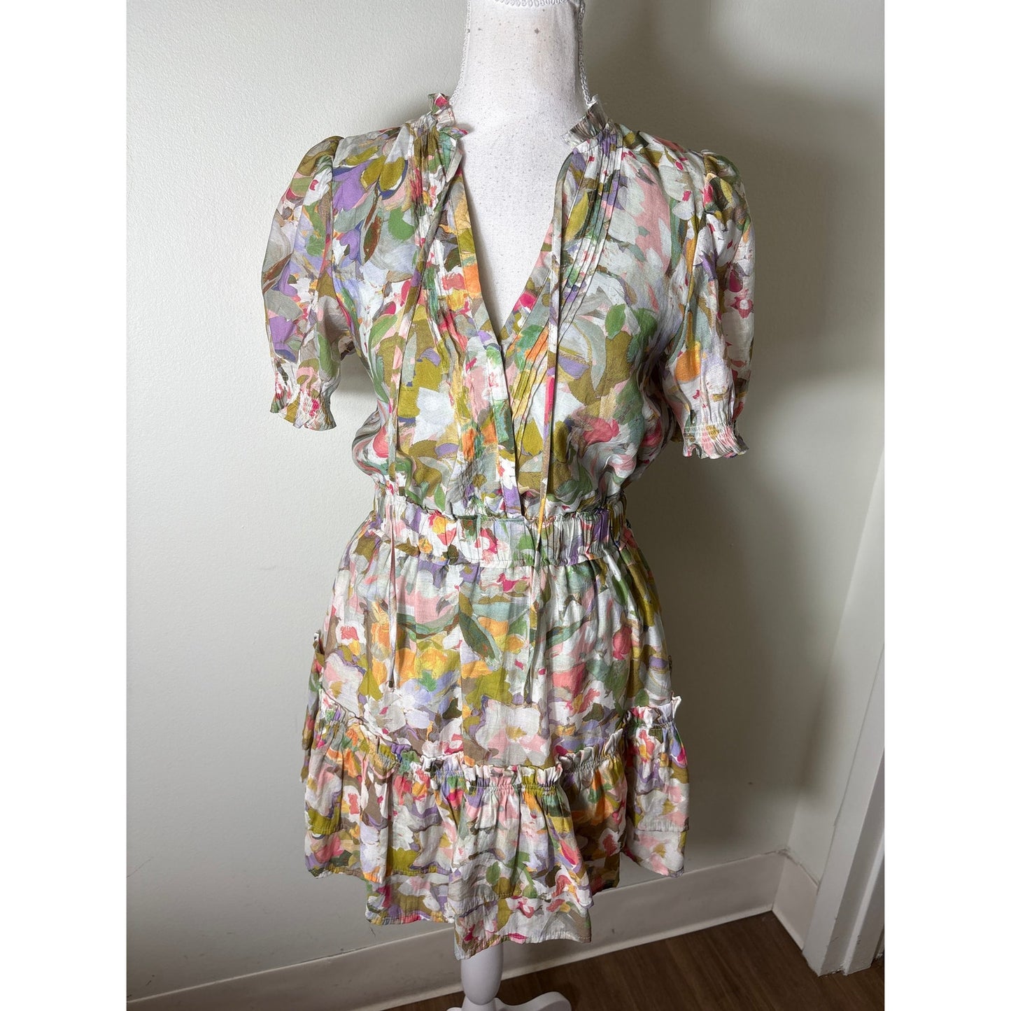 Meet Me In Santorina Pastel Floral Short Puff Sleeve Faux Wrap Mini Dress Sz S