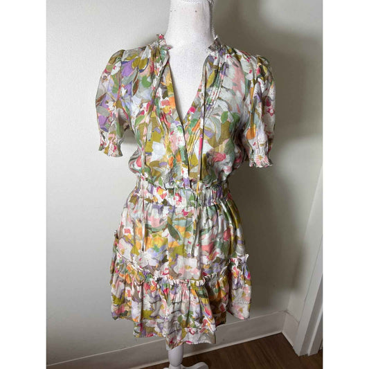 Meet Me In Santorina Pastel Floral Short Puff Sleeve Faux Wrap Mini Dress Sz S