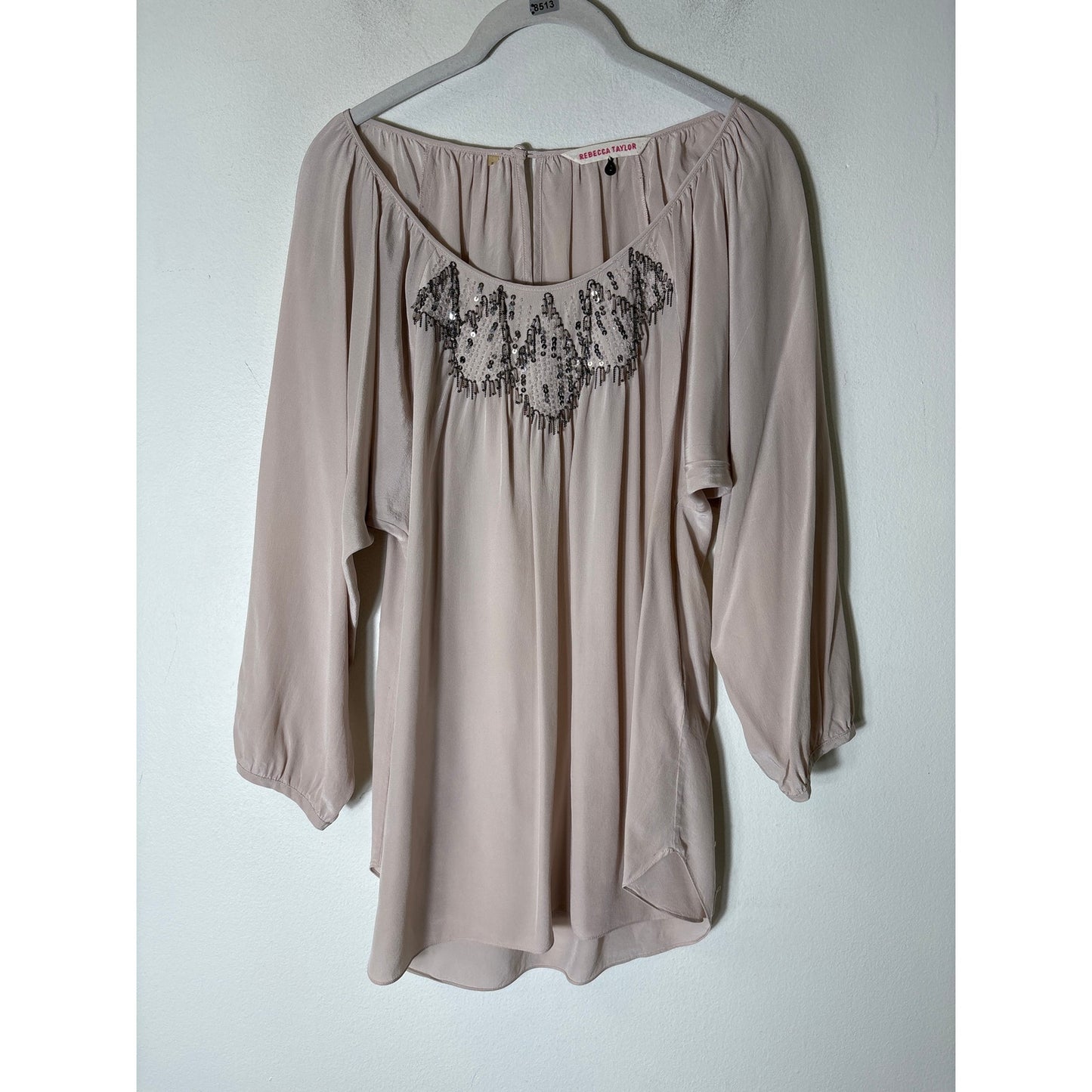 Rebecca Taylor Pinkish Tan Long Sleeve Beaded Silk Shirt Sz 2