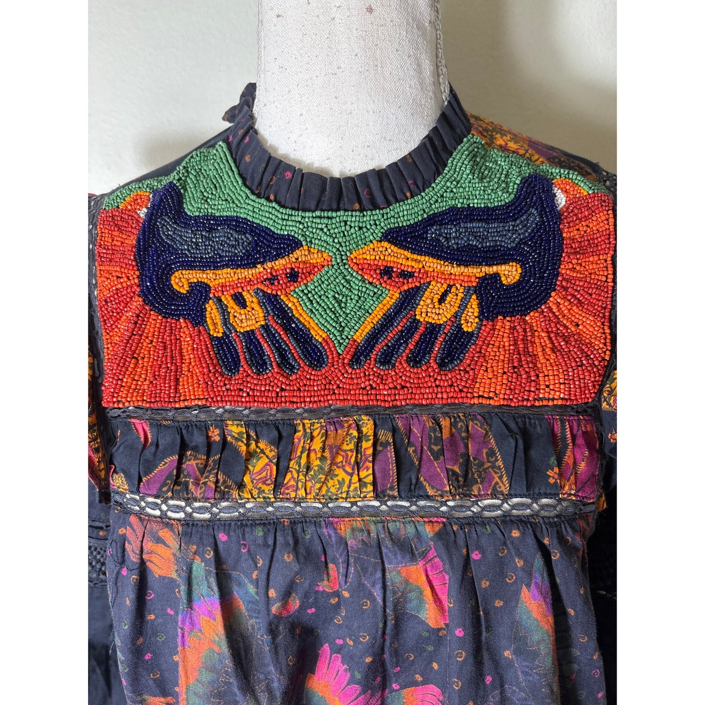 Farm Rio Black Beaded Long Sleeve Cropped Shirt Sz S