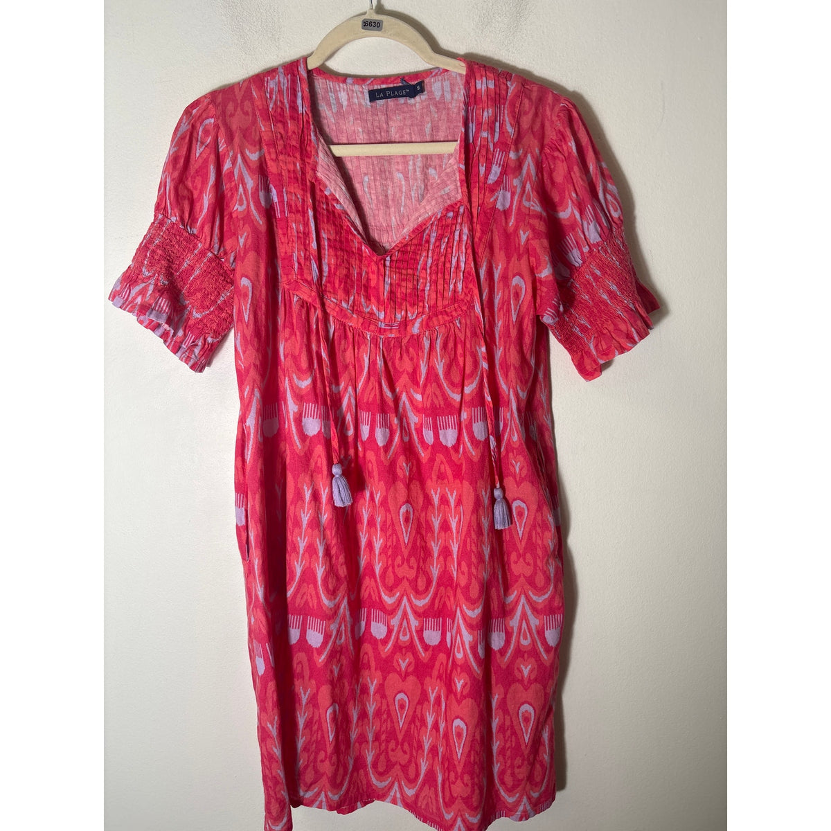 La Plage Red Gray Short Smocked Sleeve Cotton V-Neck Dress Sz S