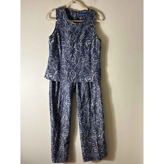 J. McLaughlin Blue Leaf Print Cotton Top and Pants Set Sz 0/S