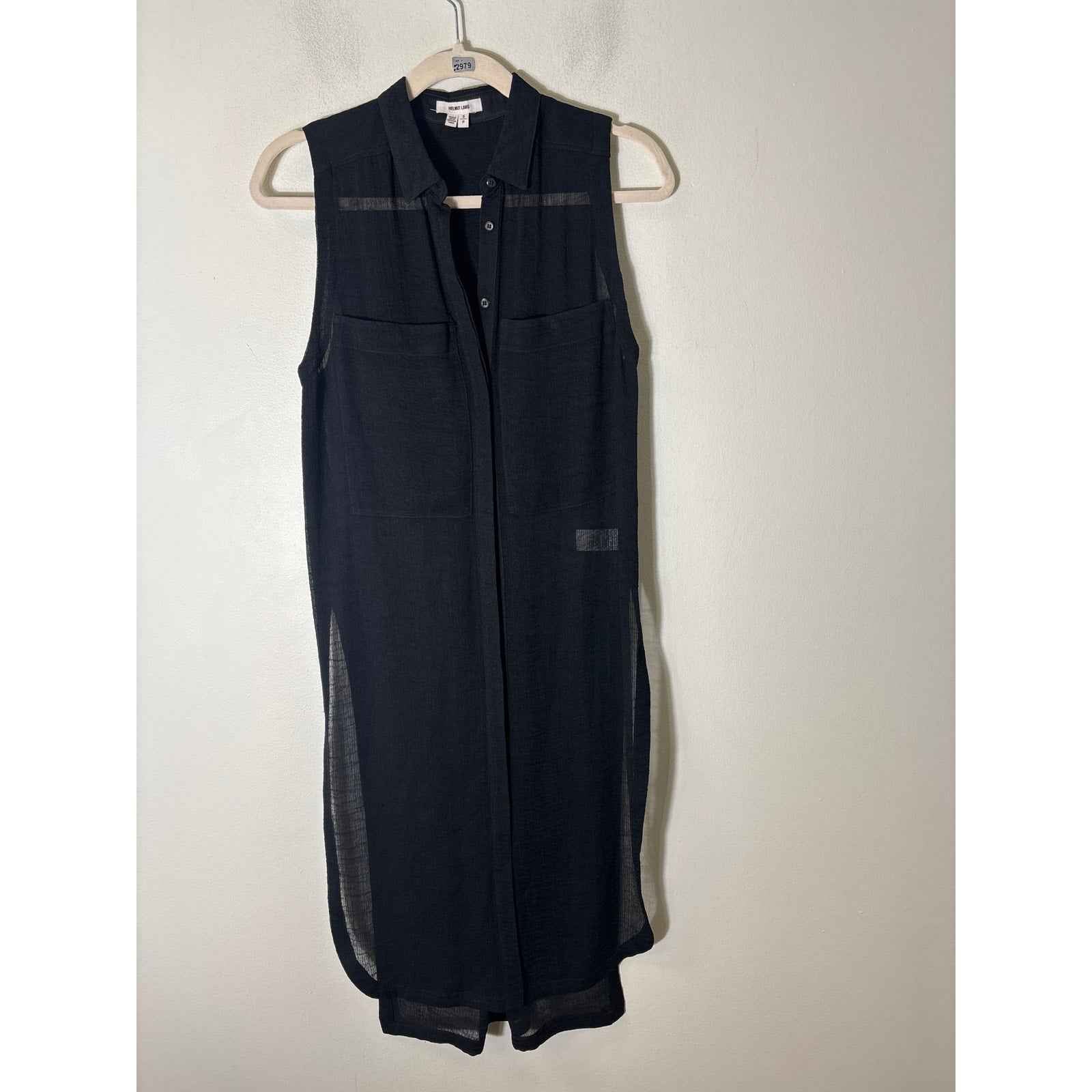 Helmut Lang Black Sheer Sleeveless Button Up Long Length Cardigan Overlay Sz S