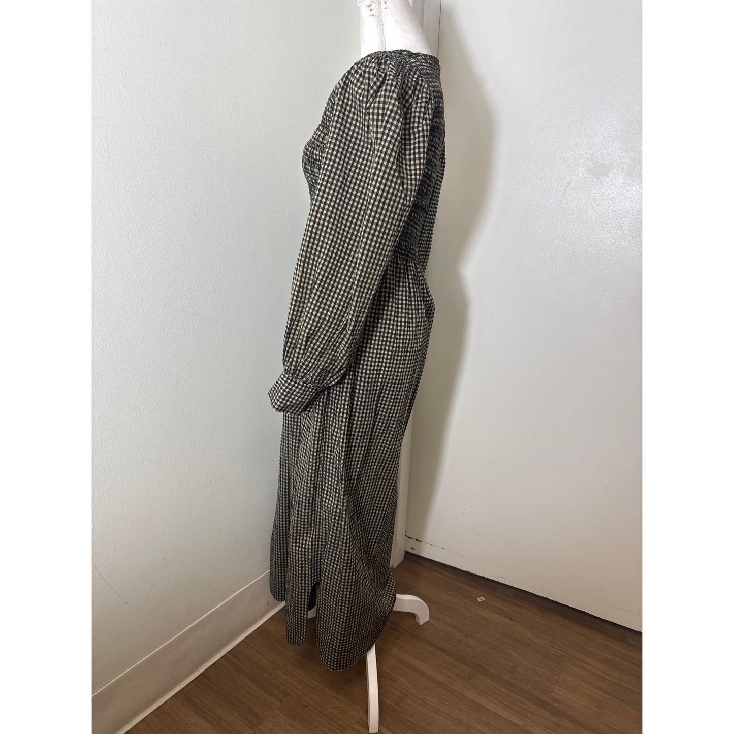 Ganni Tan and Black Check Smocked Bodice Dress Sz 38 (L)
