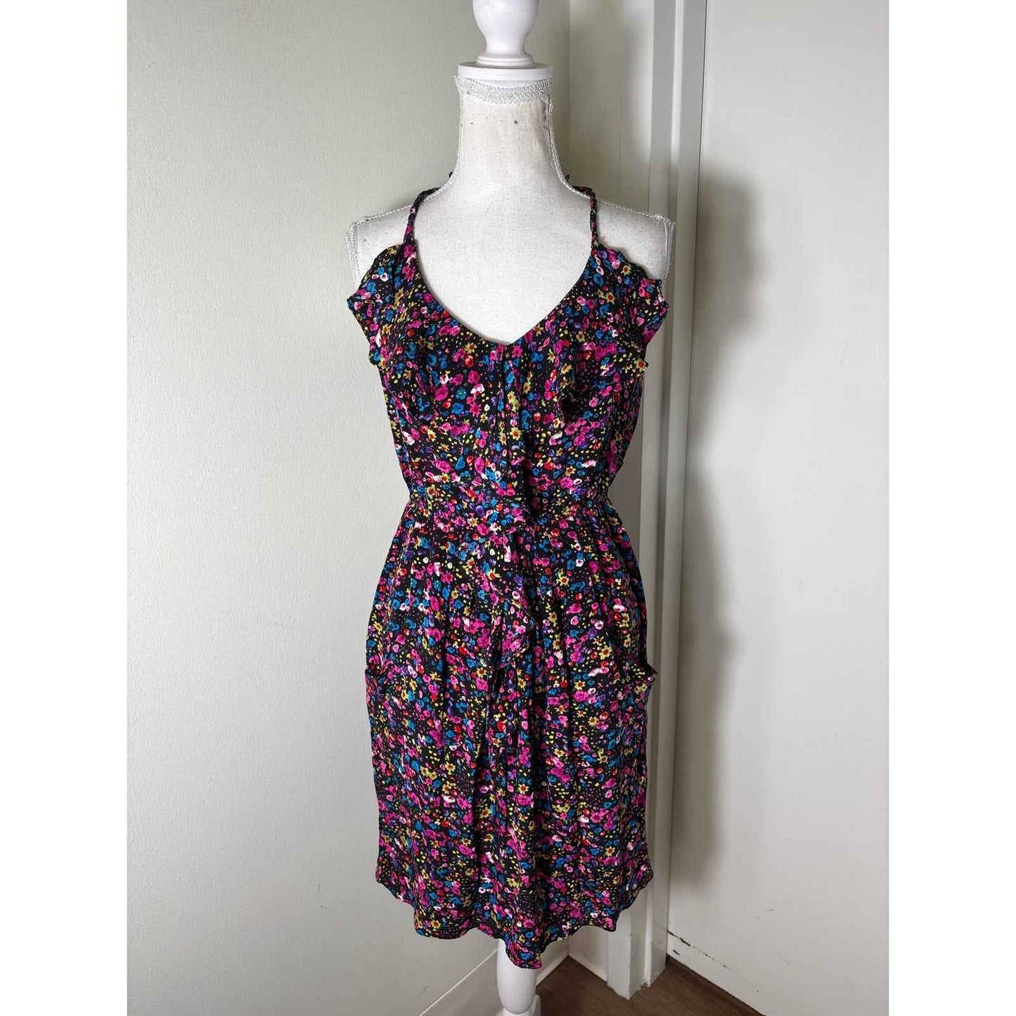 Rebecca Taylor Black Floral Sleeveless Silk Knee Length Dress Sz 2