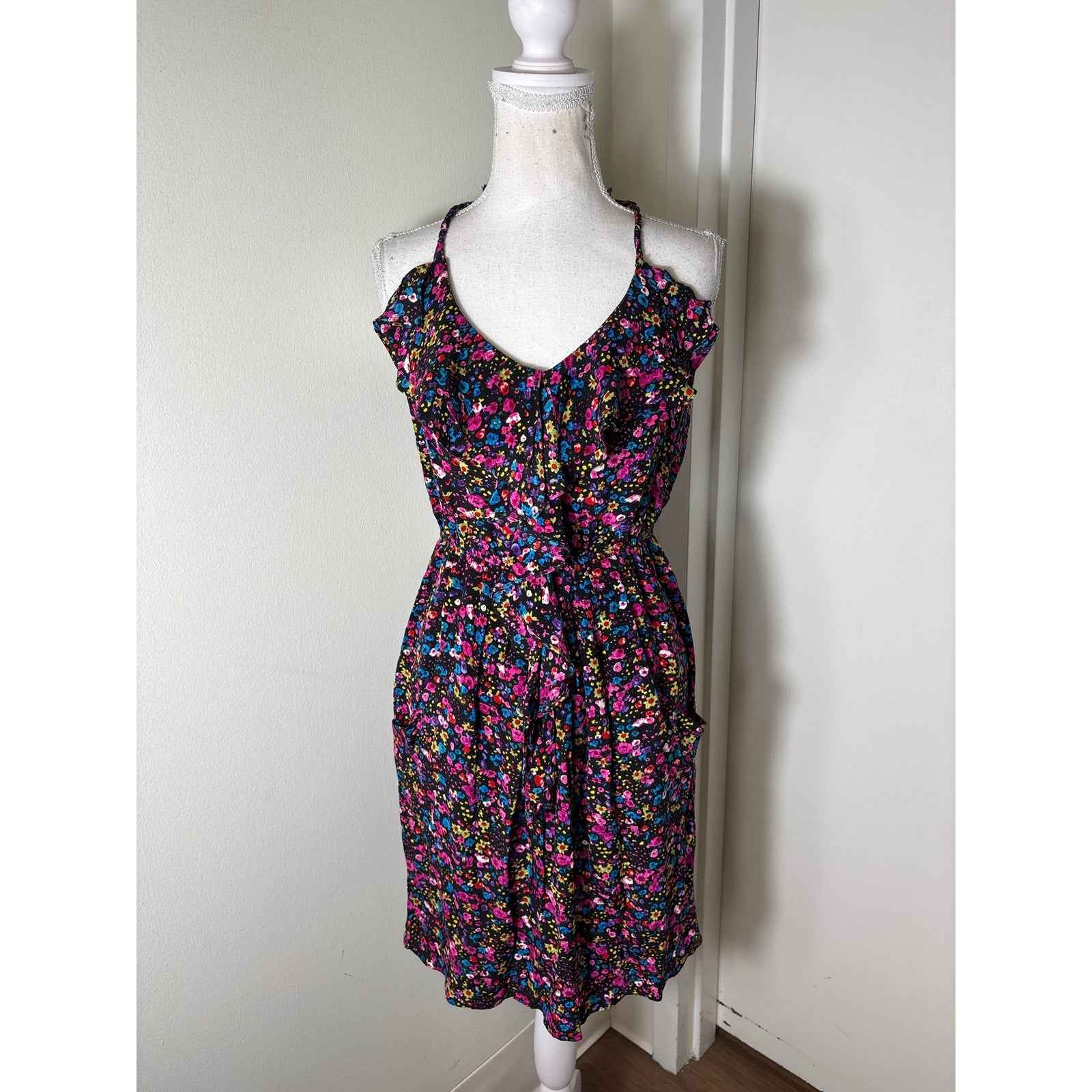 Rebecca Taylor Black Floral Sleeveless Silk Knee Length Dress Sz 2