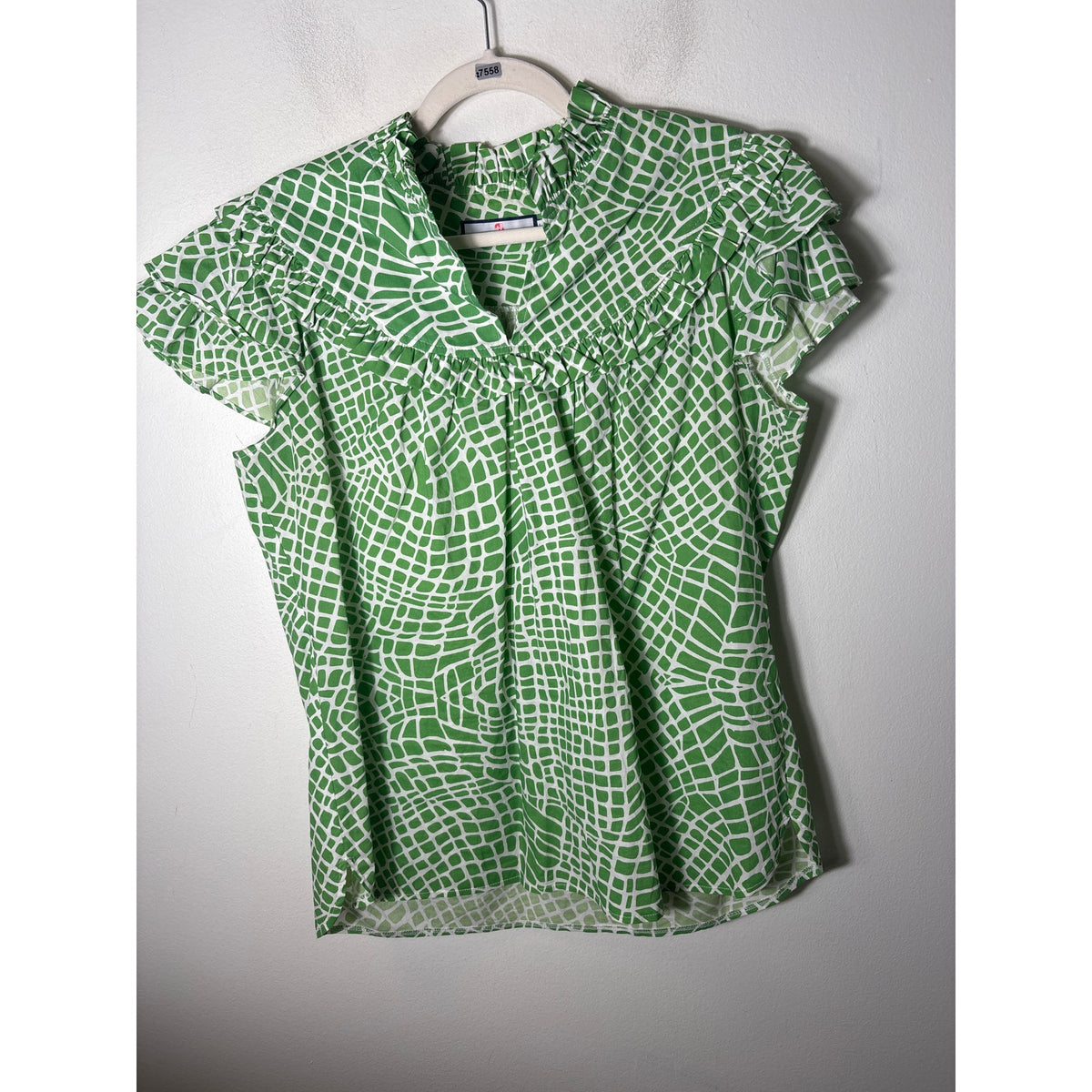 CK Brandley Green and White Flutter Sleeve Cotton Top Sz L