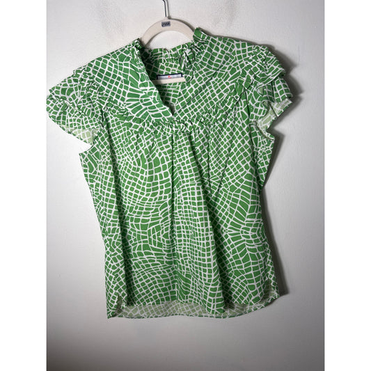 CK Brandley Green and White Flutter Sleeve Cotton Top Sz L