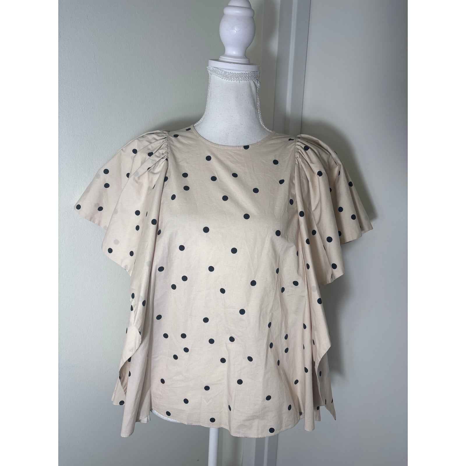 Psophia Vazquez de Castro Ivory Black Polka Dot Wing Sleeve Top Sz M