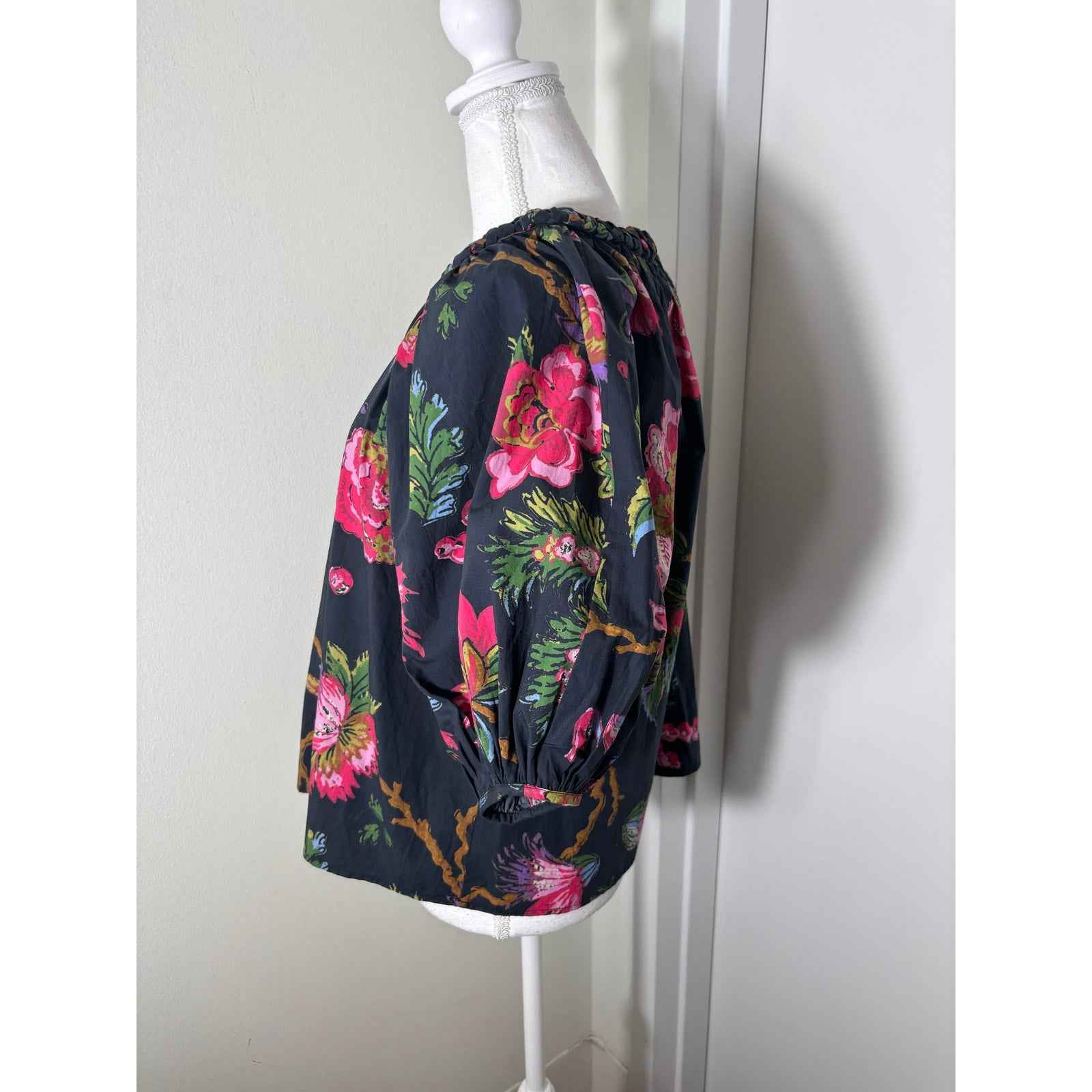RHODE Black Floral Half Puff Sleeve Organic Cotton Shirt Sz S
