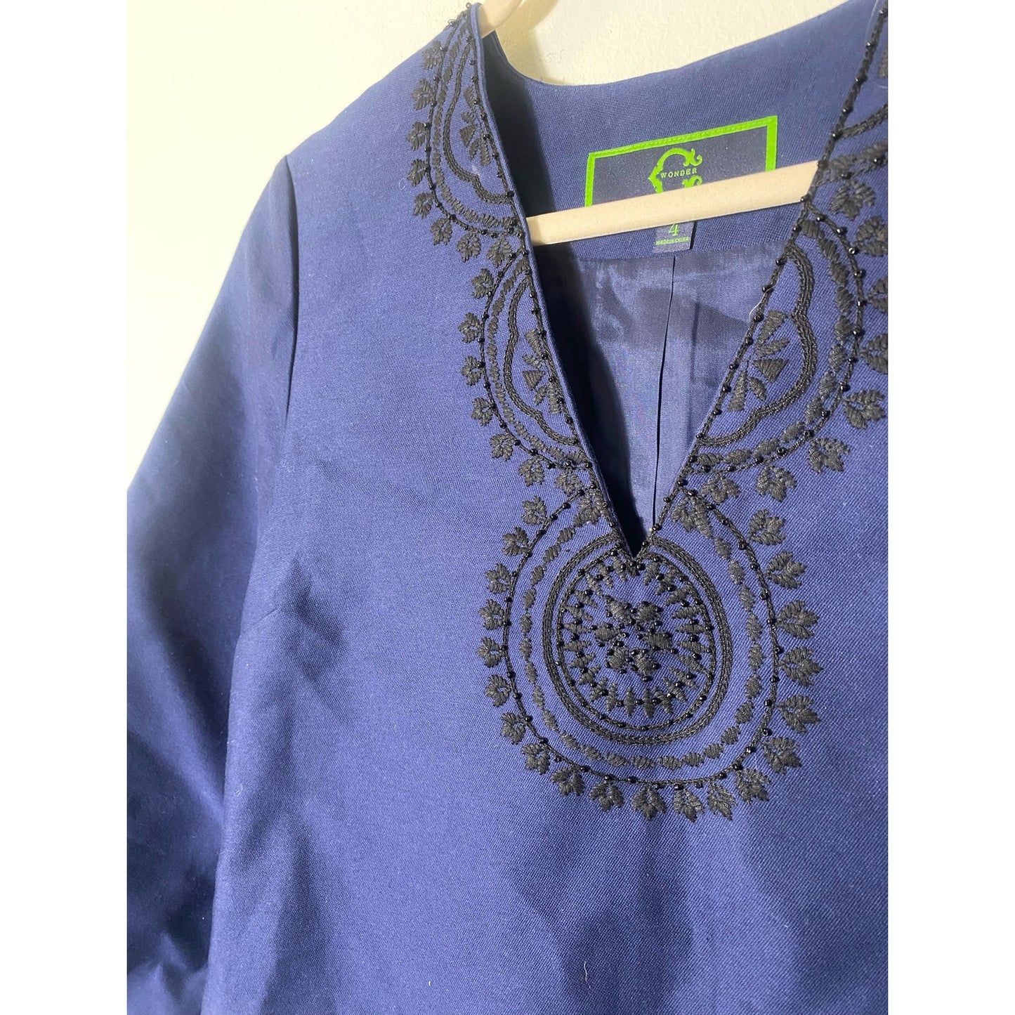 C Wonder Navy Blue Embroidered 3/4 Sleeve Tunic Dress Sz 4