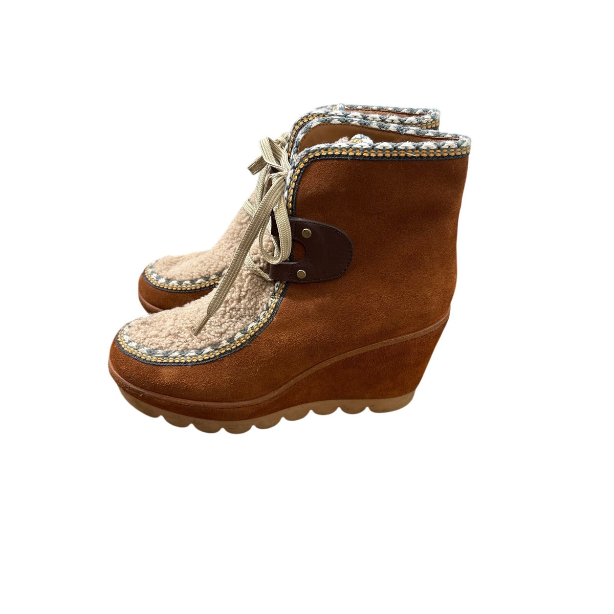 See By Chloe Brown Suede and Shearling Platform Wedge Boot Sz 41 (10.5)
