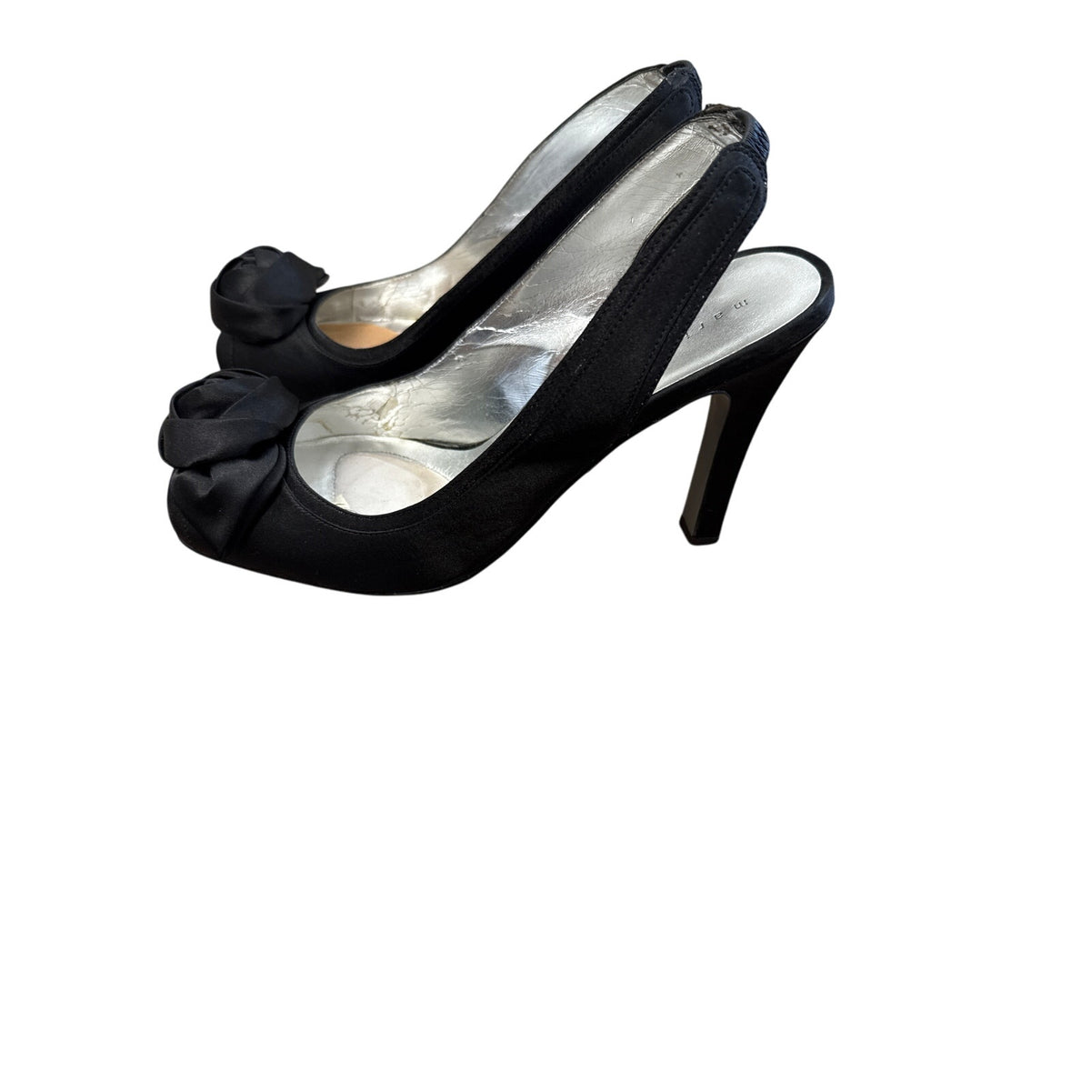 Martinez Valero Black Satin Slingback Rosebud High Heel Sz 9