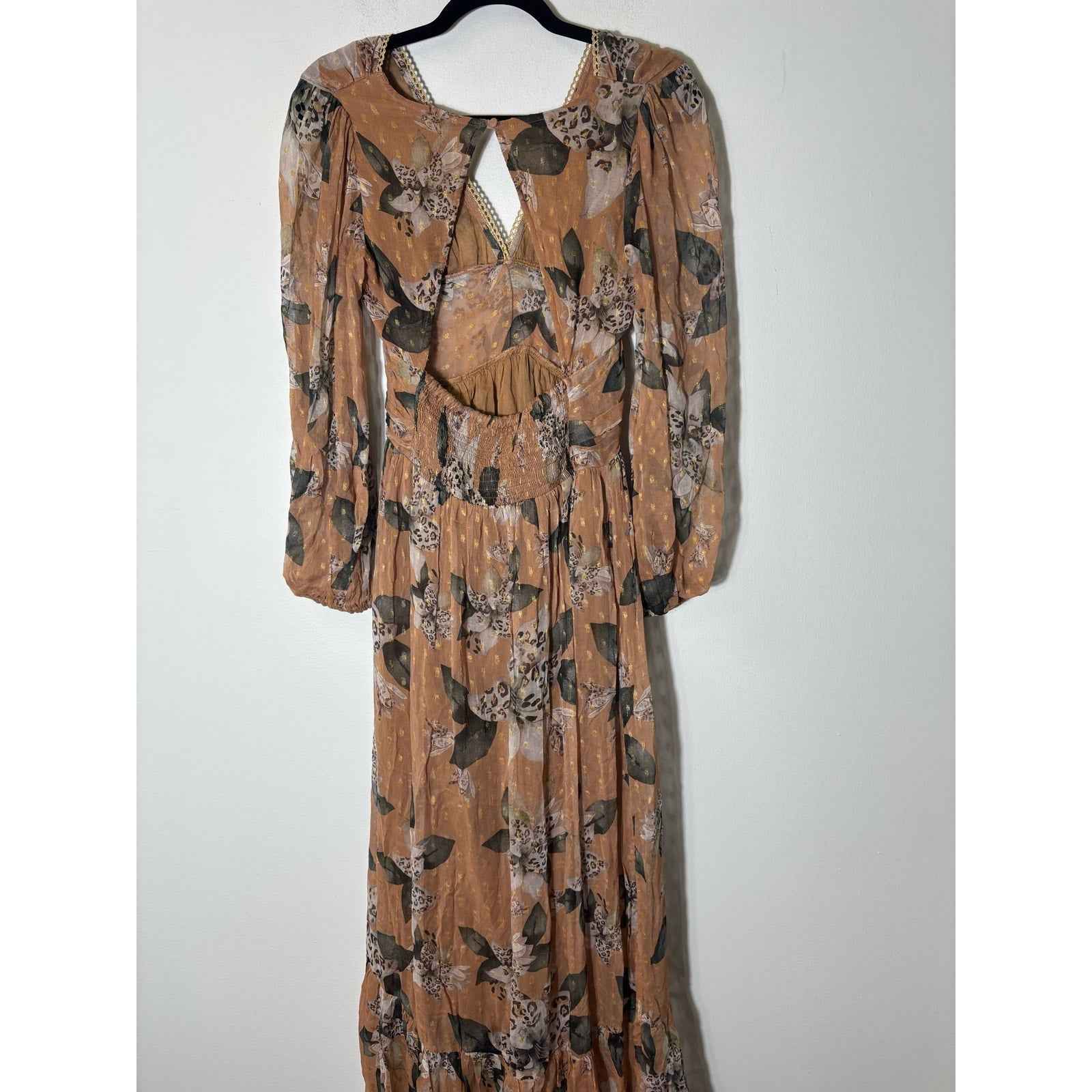 NWT Z & L Dark Orange Tan Floral Long Sleeve Open Back Maxi Dress Sz M